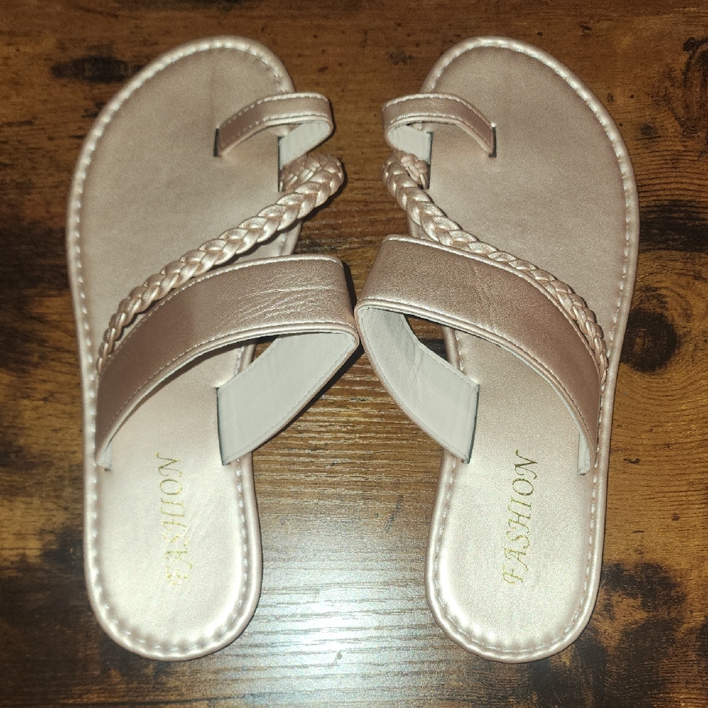 Women's RoseGold Braid Sandals Trends Fashion Woven Round/Open Toe Slip On Flat